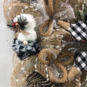 Black White Buffalo Check Handmade Gnome Deco Mesh Wreath Burlap Farmhouse Snow